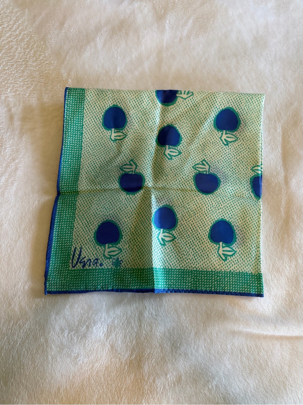 Vintage Vera Neumann Square Scarf in Mint Green & Royal Blue Apples